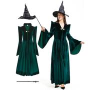 Takuvan Professor Witch Costume Adult Women Dark Green Velvet Dress Wizard Plus Size Costumes Outfit for Halloween Cosplay