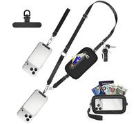 takyu Crossbody Phone Lanyard Pouch, Clip and go Strap for Phone with Wallet Adjustable iPhone anti theft strap with ID Window and Zipper, Black