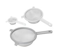 Tala Kitchen Sieve Set, Plastic Handle Straining Sieves Measuring 8cm, 15cm and 18cm with stablising Hooks, Fine Stainless Steel which is Perfect for Sifting and Rinsing Foods