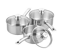 Tala Performance 3 Piece Stainless Steel Cookware Set, Saucepans with Glass lids, 16, 18 20cm. Made in Portugal, Guarantee, Suitable for All hob Types Including Induction Polished Mirror Shine Finish