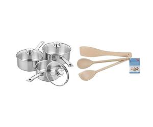 Tala Performance 3 Piece Stainless Steel Cookware Set, Saucepans with Glass lids, 16, 18 20cm. Made in Portugal, Suitable for All hob Types Including Induction + Tala Set of 3 Wooden Cooking Utensils