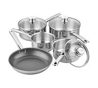Tala Performance 5 Pc Stainless Steel Cookware Set containing Saucepans Glass lids, 16, 18 and 20cm. 14cm Milk pan, 24cm Non-Stick Fry Pan, 5 Pc Set, Polished Mirror Shine Finish