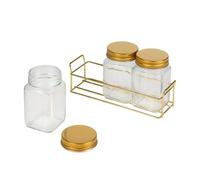 Tala Set of 3 Glass Storage Jars 260ml with Gold Lids & Gold Rack, Airtight Kitchen Jars for Herbs, Spices, Condiments, Chutneys, Tea & Coffee, Elegant Countertop Storage Solution
