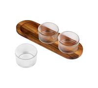 Tala Set of 3 Ribbed Glass Pinch Pots with Acacia Serving Tray, Mini Glass Storage Jars for Salt, Herbs & Spices, Condiments and Snacks, Measures 8.8 x 8.1 x 5.1cm, 190ml