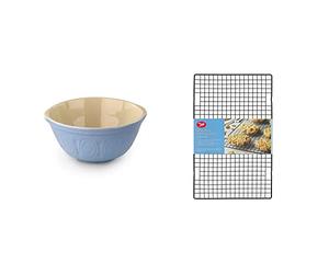 Tala Traditional Ceramic Stoneware Mixing Bowl in Blue and Cream Colour, Blue/Cream, 5000ml & 10A21605 Cake Large Loaf Cooling Rack, Unknown, 40 x 25cm , Black