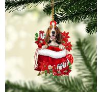 Talataca Basset Hound 2D Flat Christmas Ornament, Basset Hound Dog in Red Santa Gift Bag Pine Tree Decor, Hanging House Charm Eve Keepsake, Car Rear View Mirror Accessories, Xmas Gift