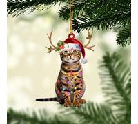 Talataca Bengal Cat 2D Flat Christmas Ornament, Gato Bengalí Christmas Hat Reindeer with String Lights Pine Tree Decor, Hanging House Charm Eve Keepsake, Car Rear View Mirror Accessories, Xmas Gift