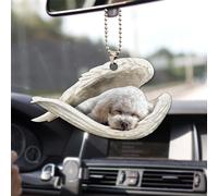 Talataca Bichon Frise Sleeping Angel Wing Memorial Dog 2D Flat Car Rear View Mirror Accessories Christmas Tree Ornament Decoration Hanging Charm Interior Rearview Pendant Decor Gift