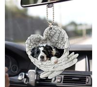 Talataca Border Collie Sleeping Angel Wing Memorial Dog 2D Flat Car Rear View Mirror Accessories Christmas Tree Ornament Decoration Hanging Charm Interior Rearview Pendant Decor Gift