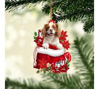 Talataca Cavalier King Charles 2D Flat Christmas Ornament, Cavalier King Charles in Red Santa Gift Bag Pine Tree Decor, Hanging House Charm Eve Keepsake, Car Rear View Mirror Accessories, Xmas Gift