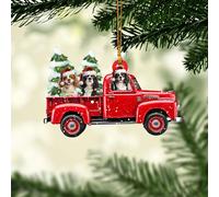 Talataca Cavalier King Charles Spaniel With Christmas Red Truck Pine Tree 2D Flat Car Rear View Mirror Accessories Christmas Tree Ornament Decoration Hanging Charm Interior Rearview Pendant Decor Gift