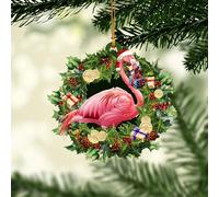 Talataca Flamingo 2D Flat Christmas Ornament, Pink Flamingo Wearing A Christmas Hat Wreath Pine Tree Decor, Hanging House Charm Eve Keepsake, Car Rear View Mirror Accessories, Xmas Gift