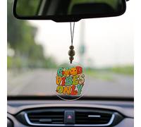 Talataca Good Vibes Only 2D Flat Car Ornament & Wood Beads, Retro Vintage Happy Smiley Face Beaded Rear View Mirror Accessories, Rearview Hanging Charm, Christmas Tree Decor