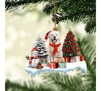Talataca Great Pyrenees 2D Flat Christmas Ornament, Pyrenean Mountain Dog with Gift Boxes Pine Tree Decor, Hanging House Charm Eve Keepsake, Car Rear View Mirror Accessories, Xmas Gift