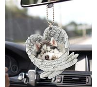 Talataca Husky Sleeping Angel Wing Memorial Dog 2D Flat Car Rear View Mirror Accessories Christmas Tree Ornament Decoration Hanging Charm Interior Rearview Pendant Decor Gift