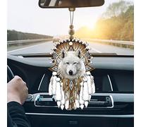 Talataca Native American 2D Flat Car Ornament & Wood Beads, White Wolf Dreamcatcher Beaded Rear View Mirror Accessories, Rearview Hanging Charm, Christmas Tree Decor