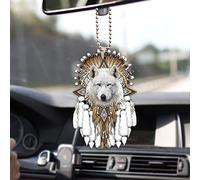 Talataca Native American Indigenous Us Indian Dreamcatcher White Wolf 2D Flat Car Rear View Mirror Accessories Christmas Tree Ornament Decoration Hanging Charm Interior Rearview Pendant Decor Gift