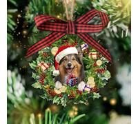 Talataca Sheltie Wearing A Hat Wreath Shetland Sheepdog Dog Lover 2D Flat Christmas Tree Wood Ornament Decor Wooden Hanging Decoration House Present Xmas Eve Keepsake Decorative