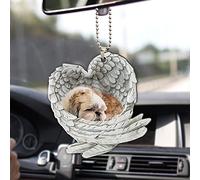 Talataca Shih Tzu Shitzu Sleeping Angel Wing Animal Pet Dog Farmhouse 2D Flat Car Rear View Mirror Accessories Christmas Tree Ornament Decoration Hanging Charm Interior Rearview Pendant Decor Gift
