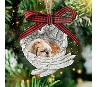 Talataca Shih Tzu Shitzu Sleeping Angel Wing Dog Lover Farmhouse 2D Flat Wooden Christmas Tree Ornament Decor Hanging Decoration House Present Xmas Eve Keepsake Natural Rustic White Wooden Ornament