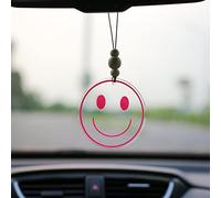 Talataca Smiley Face 2D Flat Car Ornament & Wood Beads, Pink Happy Face Beaded Rear View Mirror Accessories, Rearview Hanging Charm, Christmas Tree Decor