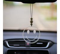 Talataca Smiley Face 2D Flat Car Ornament & Wood Beads, White Happy Face Beaded Rear View Mirror Accessories, Rearview Hanging Charm, Christmas Tree Decor