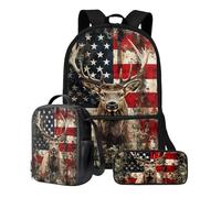 Talayituse 3 Pcs Backpack Set for Elementary Preschool School Kids Backpack with Lunch Bag Pencil Case Bookbag for Girls Boys, Deer American Flag, One size