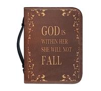 Talayituse Brown Flower Print Faux Leather Bible Cover for Men Women God is Within Her Bible Case with Handle Carrying Book Case Protector Bible Tote Handbag Gifts, L, Brown Flower - God is Within