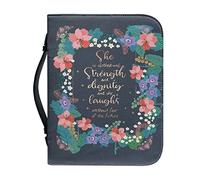 Talayituse Butterfly Floral Bible Cover for Men Women, She is Clothed in Strength & Dignity and She Laughs Without Fear of The Future, Zipper Bible Case with Handle Carrying Book Cover, L