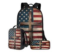 Talayituse Cross American Flag Print 3 Pcs Backpack Set Travel Bag Portable Bookbag Knapsack Daypack Large Capacity Sports Backpacks Schoolbag with Lunch Box Pencil Case for Boys Girls
