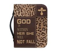 Talayituse Cross Leopard Print Faux Leather Bible Cover for Men Boys Women Girls God is Within Her Christian Bible Case with Handle Carrying Book Case Protector Bible Tote Handbag, L
