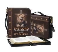 Talayituse Cross Lion Print Faux Leather Bible Cover for Men Women, The Lord is My Strength Large Capacity Bible Book Cover Church Bag Carrying Case with Shoulder Strap and Handle, XL
