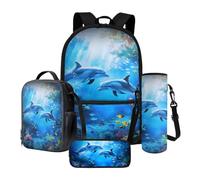 Talayituse School Backpack for Girls Boys, 4-in-1 Kids Bookbag Set School Bags with Lunch Box Pencil Case Water Bottle Sleeve, Dolphin Fish, One Size