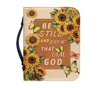 Talayituse Sunflower Butterfly Print Bible Covers for Women Men Be Still and Know I Am God PU Leather Bible Case Bible Bag Tote Book Carrying Case Christian Bible Accessories with Handle, L