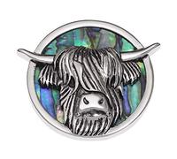 Talbot Fashions Tide Jewellery Inlaid Green Paua Shell Scottish Highland Cow Coo Brooch Pin