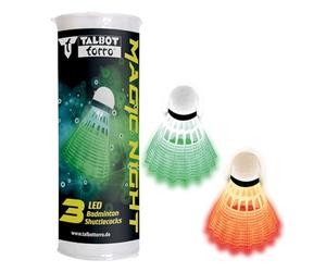 Talbot-Torro Magic Night Badminton Shuttlecock, Plastic Feather Ball with LED Light, Approx. 48 hours Burn Time, 3 Pieces Pack, White & Yellow, for Indoor, Outdoor and in the Dark, 479123