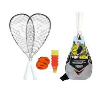 Talbot-Torro Speed 7700 Speed Badminton Set, 2 Powerful Graphite Composite Rackets, 6 Wind Resistant Shuttlecocks, Court Line System for Pitch Marking, in Trendy Backpack, Various Designs