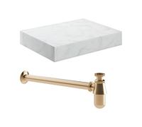 Talbot Wall Hung Basin Shelf 600mm & Brushed Bronze Bottle Trap - White Marble