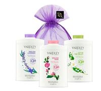 Talc Gift Set Variety Bundle with English Lavender Talc, Lily of The Valley Talc and English Rose Talcum Powder 3 Pack for Women (3 x 200g Each) with Deluxio Gifts Gift Bag