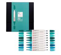 Talens | Pantone Marker Set of 9 Blue Green | Dual-Tip Pens with Brush and Chisel Nib | Water-Based, Pigmented Ink in Pantone Colors