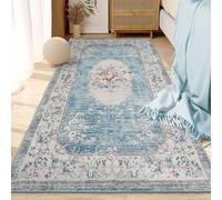 Taleta Greenish Washable Rugs Floral Living Room Small Blue Runner Rug Soft Short Pile Boho Vintage Area Carpet for Bedside Hallway Entrance Bedroom (Blue, 80 x 150 cm)
