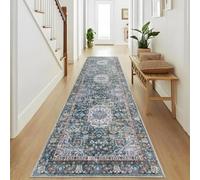 Taleta KALU Washable Hallway Runner Rug Long Blue Green Non-Slip Soft Low Pile Vintage Boho Carpet Runners 80 x 300 cm for Entrance Living Room Kitchen
