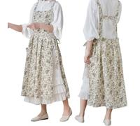 TALIBSA Pinafore Apron Dress，Japanese Cotton Linen Cross Back Apron for Women with Pockets，Pinafore Dress with Waist Ties, White Flower