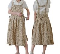 TALIBSA Pinafore Apron Dress，Japanese Cotton Linen Cross Back Apron for Women with Pockets，Pinafore Dress with Waist Ties, Brown Flower