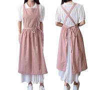 TALIBSA Pinafore Apron Dress，Japanese Cotton Linen Cross Back Apron for Women with Pockets，Pinafore Dress with Waist Ties (Pink)
