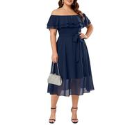 Talisea Plus Size Dresses Wedding Guest - Formal Ruffle Off The Shoulder Cocktail Chiffon A-Line Midi Dress Curvy Women, Navy Blue, 18 Plus