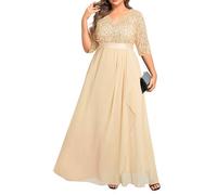 Talisea Plus Size Formal Dresses - V Neck 3/4 Sleeves Sequin Evening Gowns Prom Gala Wedding Guest Chiffon Long Maxi Dress, Champagne, 22 Plus