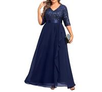 Talisea Plus Size Formal Dresses - V Neck 3/4 Sleeves Sequin Evening Gowns Prom Gala Wedding Guest Chiffon Long Maxi Dress, Navy Blue, 26 Plus