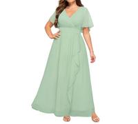 Talisea Plus Size Formal Dresses - Wedding Guest Bridesmaid Evening Prom Chiffon V Neck Ruffle Short Sleeves Long Dress Women, Sage Green, 20 Plus