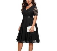 Talisea Plus Size Wedding Guest Dress - Formal Cocktail Party Ruffle Elegant Tea Length Lace Chiffon V Neck Midi Dresses, Black, 26 Plus